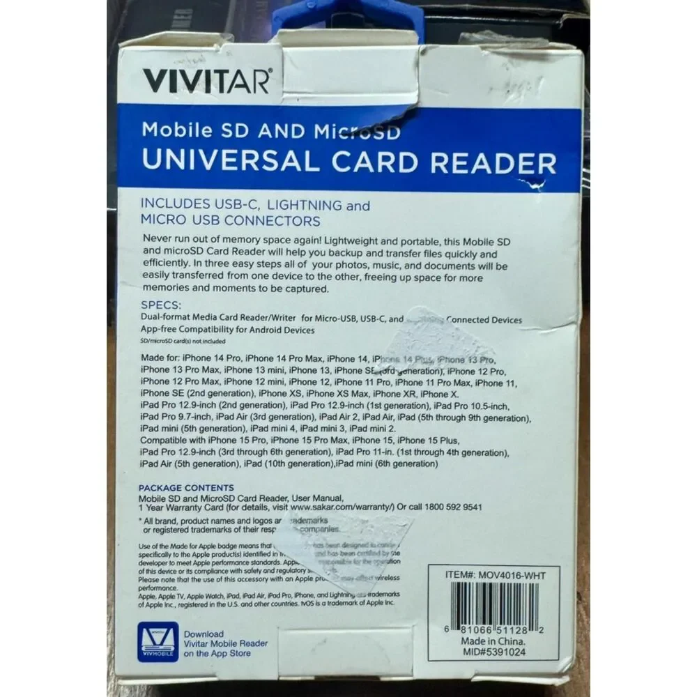 Vivitar Mobile SD/Micro SD Universal Card Reader Lightning, USB-C, Micro USB